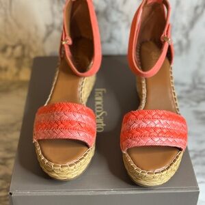 Franco Sarto Orange/Pink and Tan Espadrille Wedges with Ankle Strap